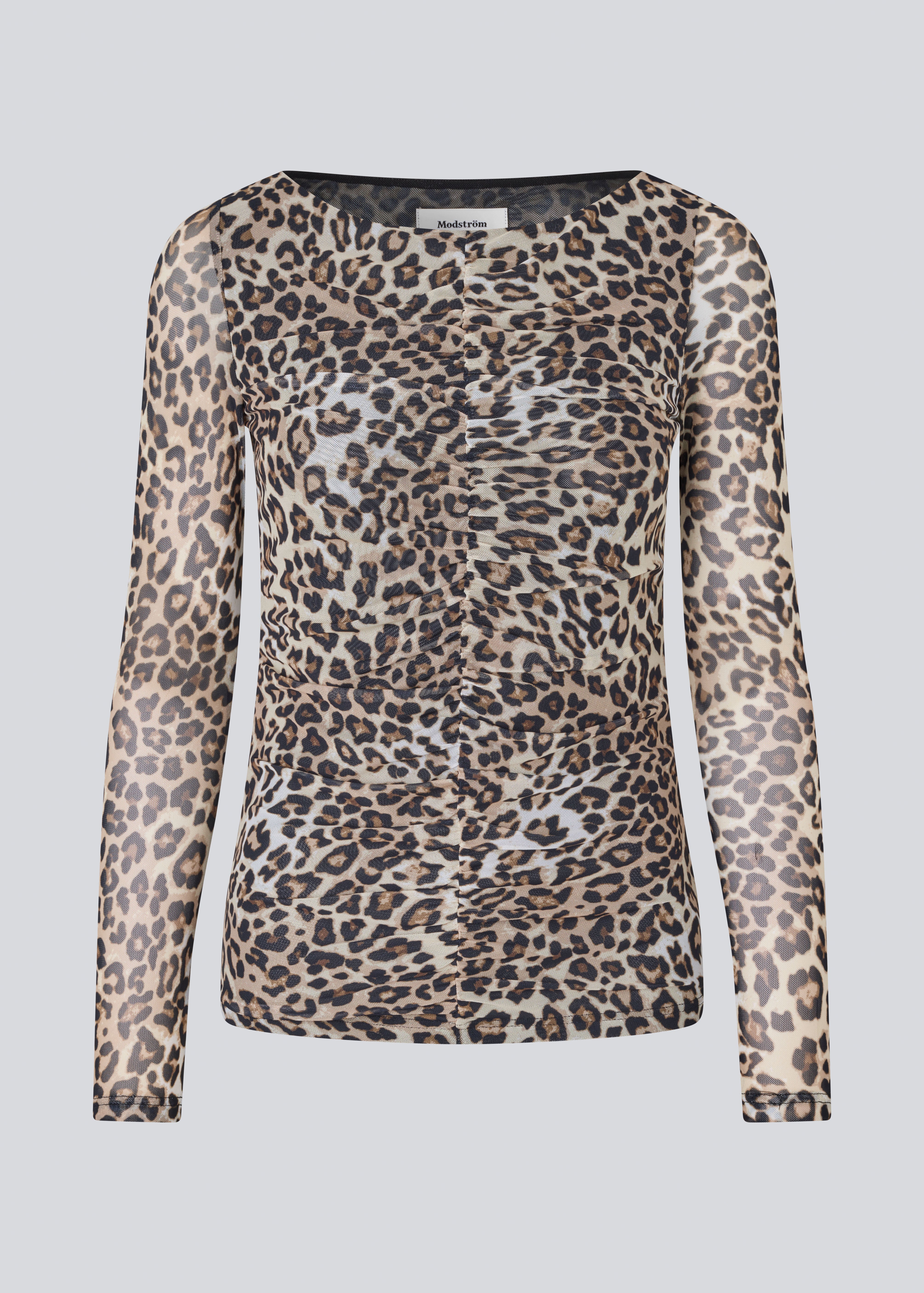 GwenMD top is a tight-fitted mesh top with leo print and gatherings in front. The top has a wide neckline and long sleeves, that are slightly more transparent than the body.&nbsp;