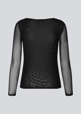 GwenMD top in black is a tight-fitted mesh top with gatherings in front. The top has a wide neckline and long sleeves, that are slightly more transparent than the body. The model is 175 cm and wears a size S/36.