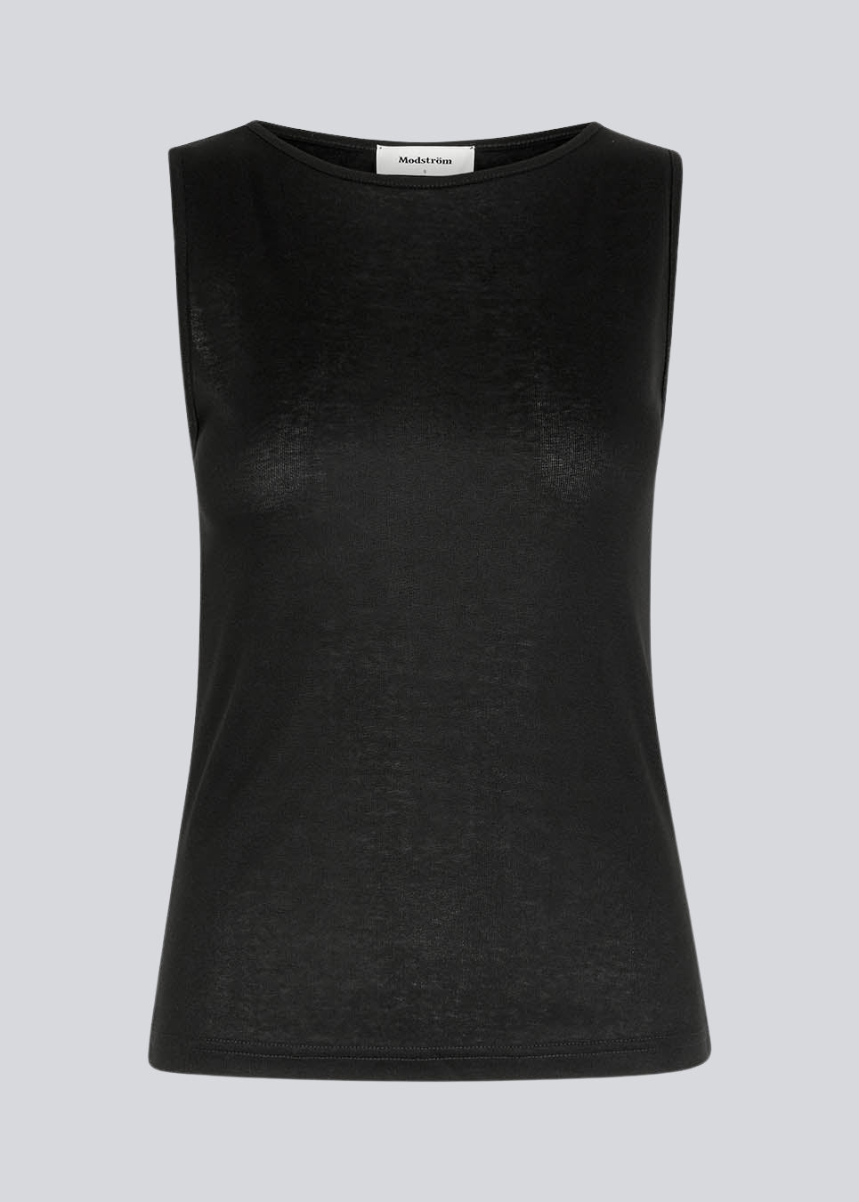 HarperMD top in black has a figure-hugging fit in a thin, soft jersey with a high, round neck. Sleeveless. The model is 175 cm and wears a size S/36.