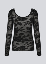 Tight-fitting top in black in a stretchy lace material, that is slightly see-through. HawkinsMD top has long sleeves, and a deep neckline in front and back. 