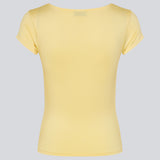 Fitted yellow T-shirt with draping. The Himamd Drapy T-shirt is made from 95% recycled polyester and features an elastic fit. The sophisticated draping adds a feminine and modern twist, perfect for both everyday and evening looks.&nbsp;