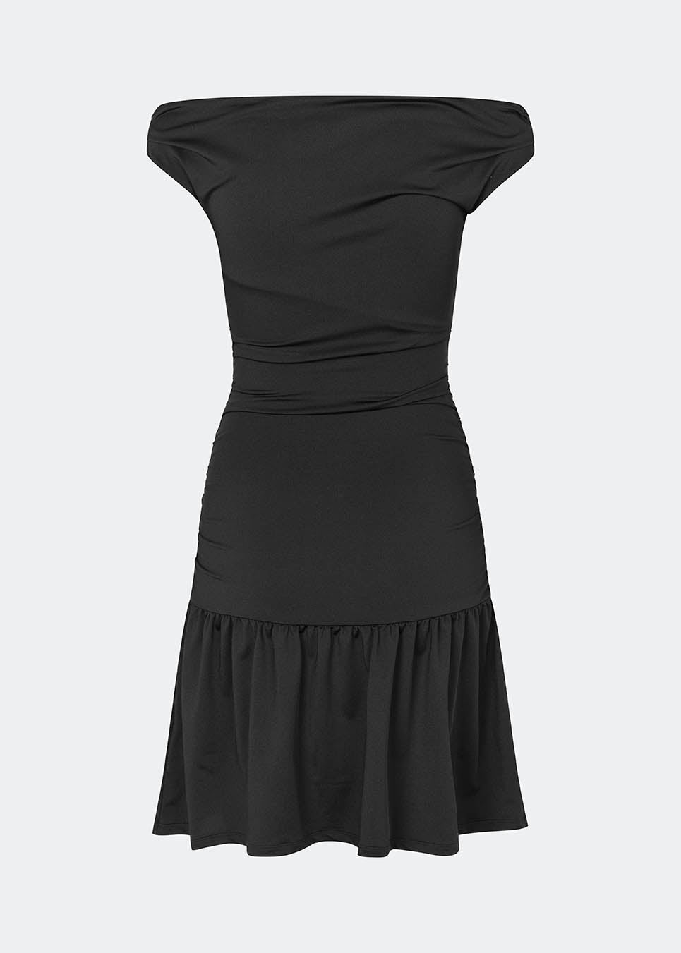 Off-the-shoulder dress crafted from a soft and stretchy fabric. HimaMD Flare Dress features a fitted silhouette with a wide folded neckline that can be worn off the shoulders, gathered detailing at the waist, and a feminine flared hem. The body-hugging fit enhances the silhouette, while the soft stretch fabric ensures all-day comfort.