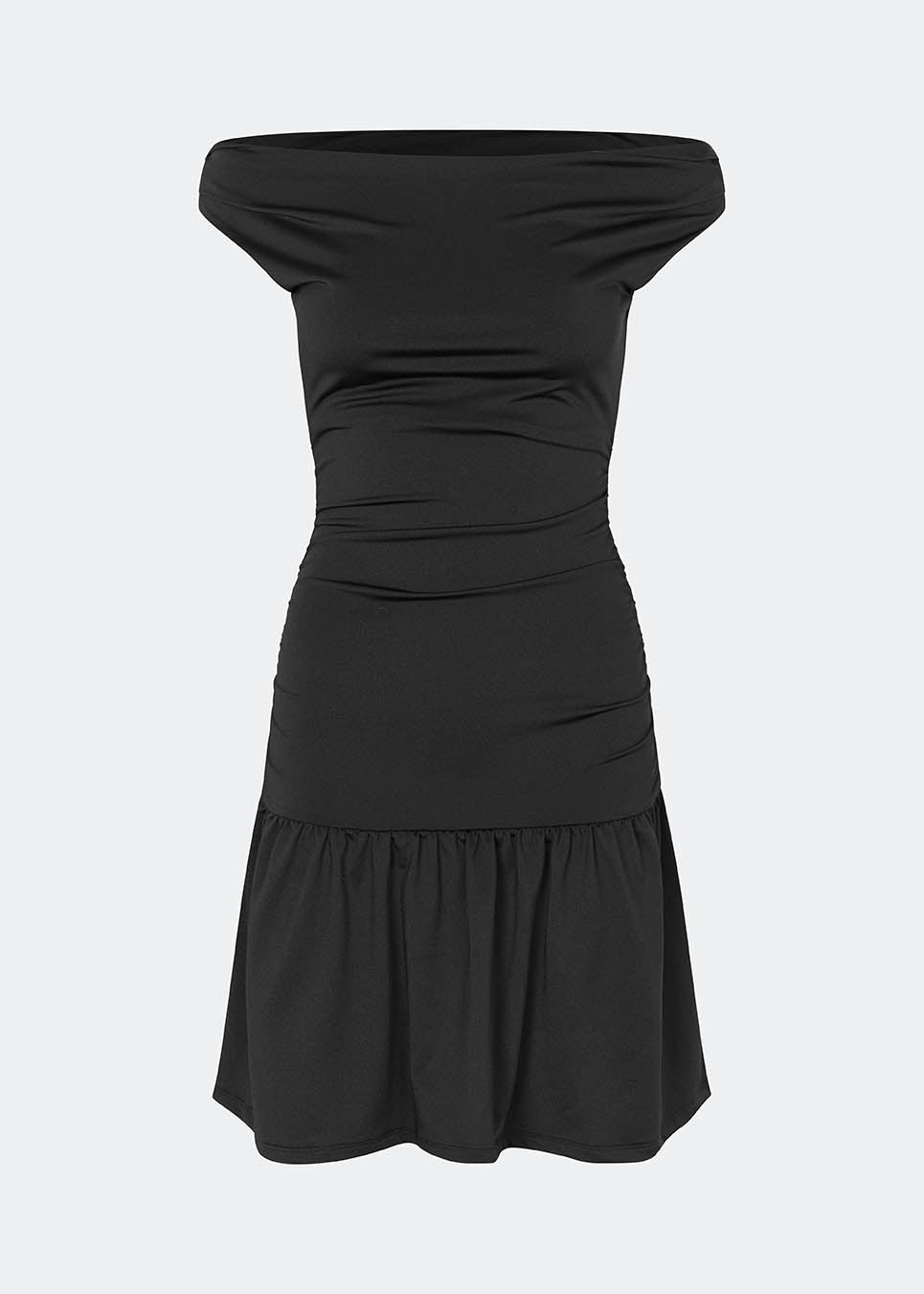 Off-the-shoulder dress crafted from a soft and stretchy fabric. HimaMD Flare Dress features a fitted silhouette with a wide folded neckline that can be worn off the shoulders, gathered detailing at the waist, and a feminine flared hem. The body-hugging fit enhances the silhouette, while the soft stretch fabric ensures all-day comfort.