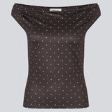 Off-shoulder top in dark brown with white small dots in a stretchy material. HimaMD off-shoulder top is fitted and slightly cropped.&nbsp;