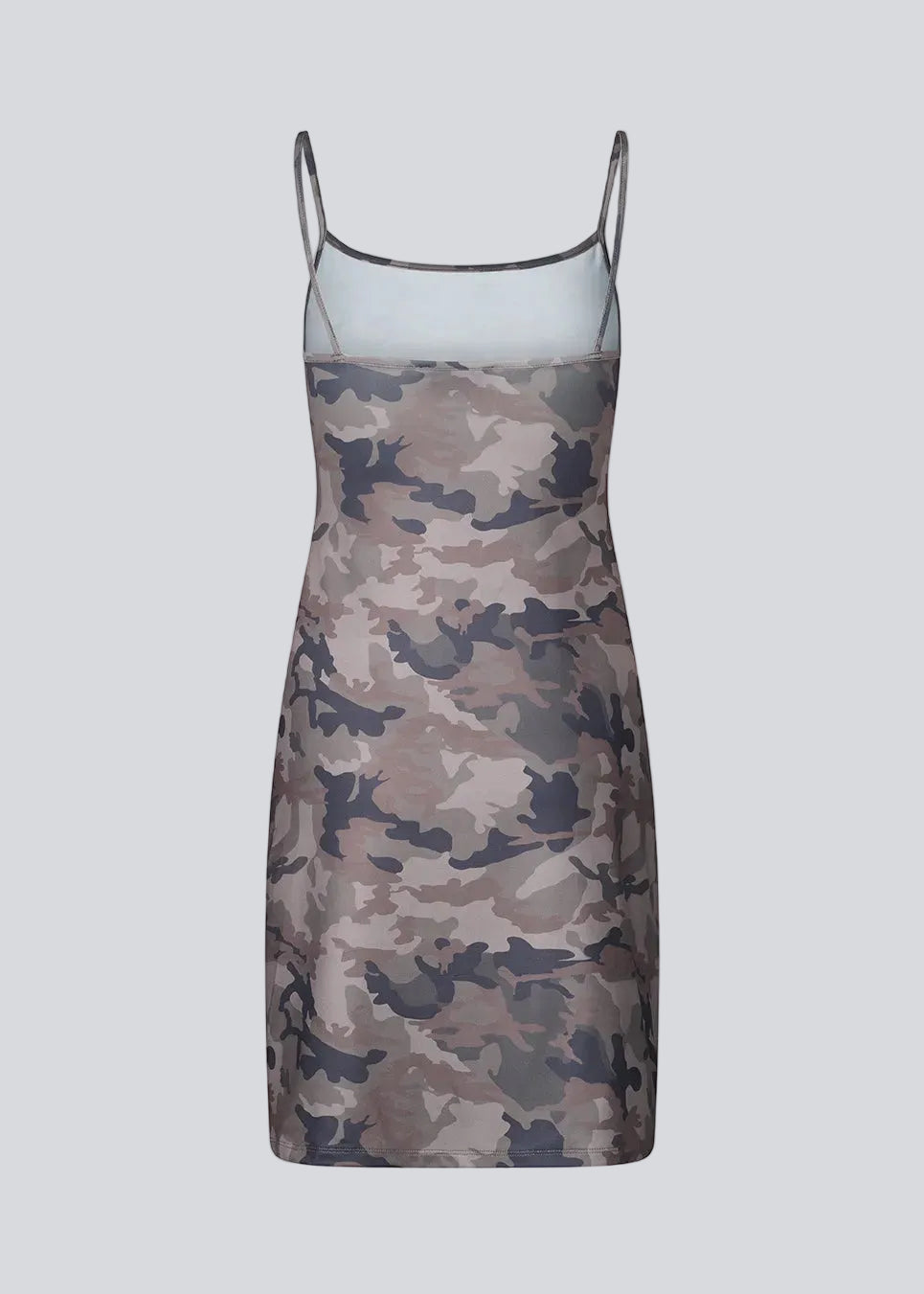Modern printed strap dress. HimaMD print strap dress is a versatile design featuring a cool camouflage print, slim straps, and a clean, straight silhouette. It can be styled on its own or layered over trousers for a cool, fashion-forward look.