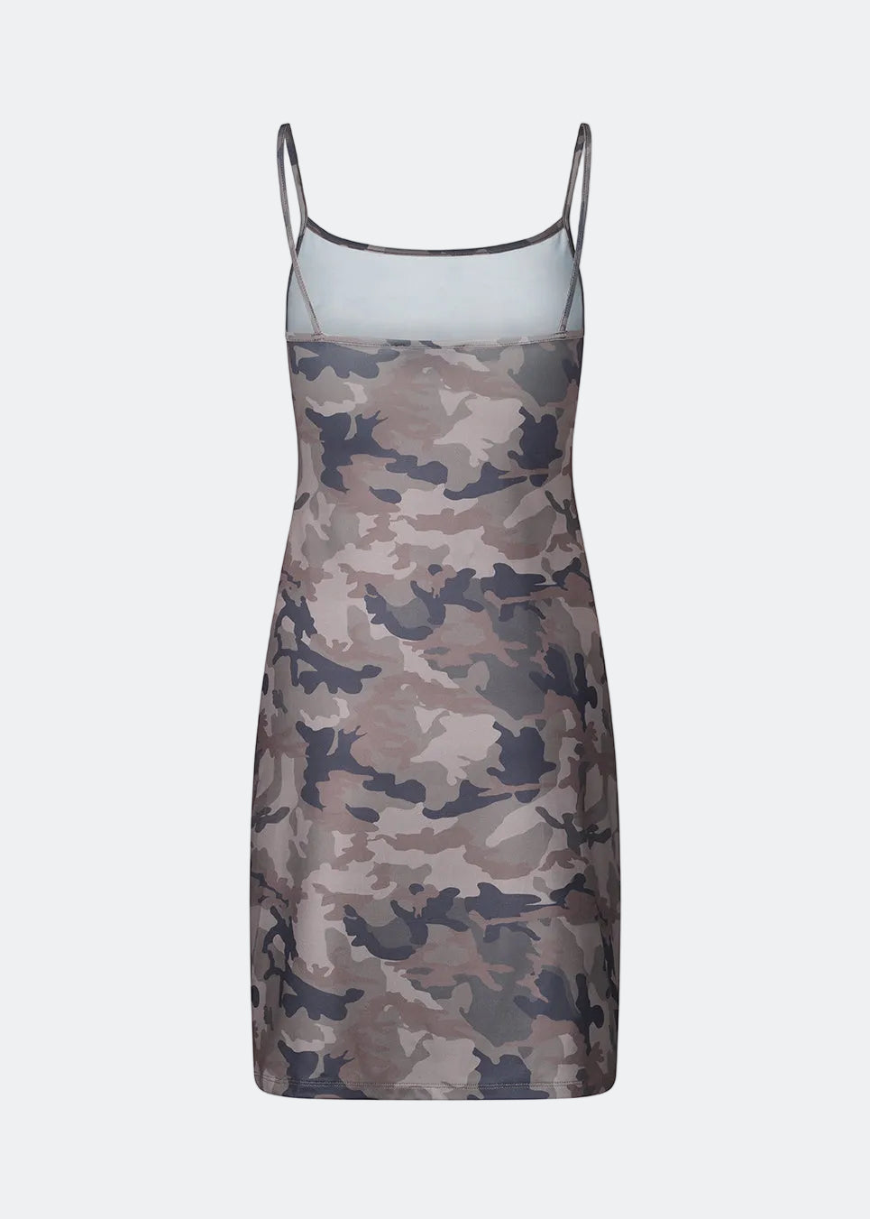 Modern printed strap dress. HimaMD print strap dress is a versatile design featuring a cool camouflage print, slim straps, and a clean, straight silhouette. It can be styled on its own or layered over trousers for a cool, fashion-forward look.