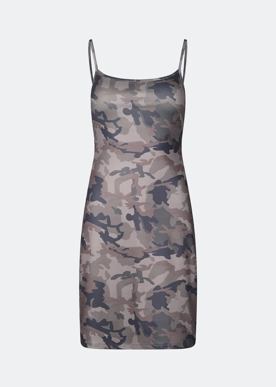 Modern printed strap dress. HimaMD print strap dress is a versatile design featuring a cool camouflage print, slim straps, and a clean, straight silhouette. It can be styled on its own or layered over trousers for a cool, fashion-forward look.