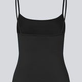 Fitted top in black in recycled polyester. Himamd strap top has a round neck and thin straps.