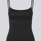 Fitted top in black in recycled polyester. Himamd strap top has a round neck and thin straps.