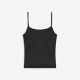 Fitted black top with stretch, a round neckline and thin straps. Wear it beneath an open shirt or pair it with a fluid skirt to bring movement to the fitted shape. The model is 175 cm and wears a size S/36.&nbsp;