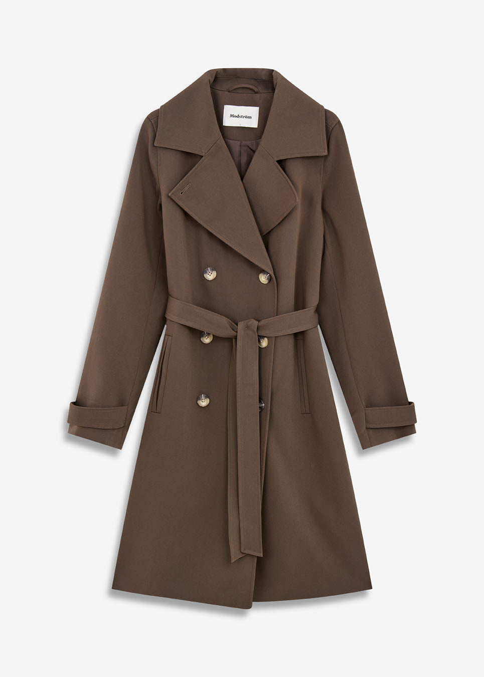 Beautiful brown jacket with a classic look and wide revers, belted waist and button closure. Hiro jacket is the perfect transition jacket. This jacket has a spacious fit. We recommend sizing down. The model is 174 cm and wears a size S/36