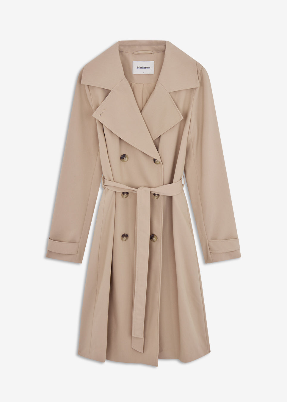 Beautiful beige jacket with a classic look and wide revers, belted waist and button closure. Hiro jacket is one of our most popular styles and the perfect transition jacket. This jacket has a spacious fit. We recommend sizing down. The model is 174 cm and wears a size S/36
