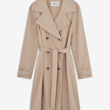 Beautiful beige jacket with a classic look and wide revers, belted waist and button closure. Hiro jacket is one of our most popular styles and the perfect transition jacket. This jacket has a spacious fit. We recommend sizing down. The model is 174 cm and wears a size S/36
