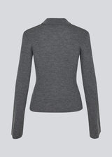 Dark grey fitted cardigan made from a soft, rib-knitted wool. HirokiMD cardigan has a collar, buttons in front, and long sleeves with slit and buttons. The model is 175 cm and wears a size S/36.
