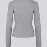 Fitted cardigan in grey melange made from a soft, rib-knitted wool. HirokiMD cardigan has a collar, buttons in front, and long sleeves with slit and buttons. The model is 175 cm and wears a size S/36.