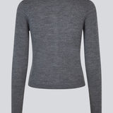 Fitted grey cardigan in soft knit. HirokiMD short cardigan has a round neck and a button closure in front. The model is 177 cm and wears a size S/36.