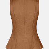 Tailored top without sleeves made from a structured material. HollisMD top has a high v-shaped neckline with a hidden zipper at the neck.