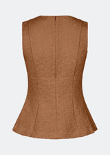 Tailored top without sleeves made from a structured material. HollisMD top has a high v-shaped neckline with a hidden zipper at the neck.