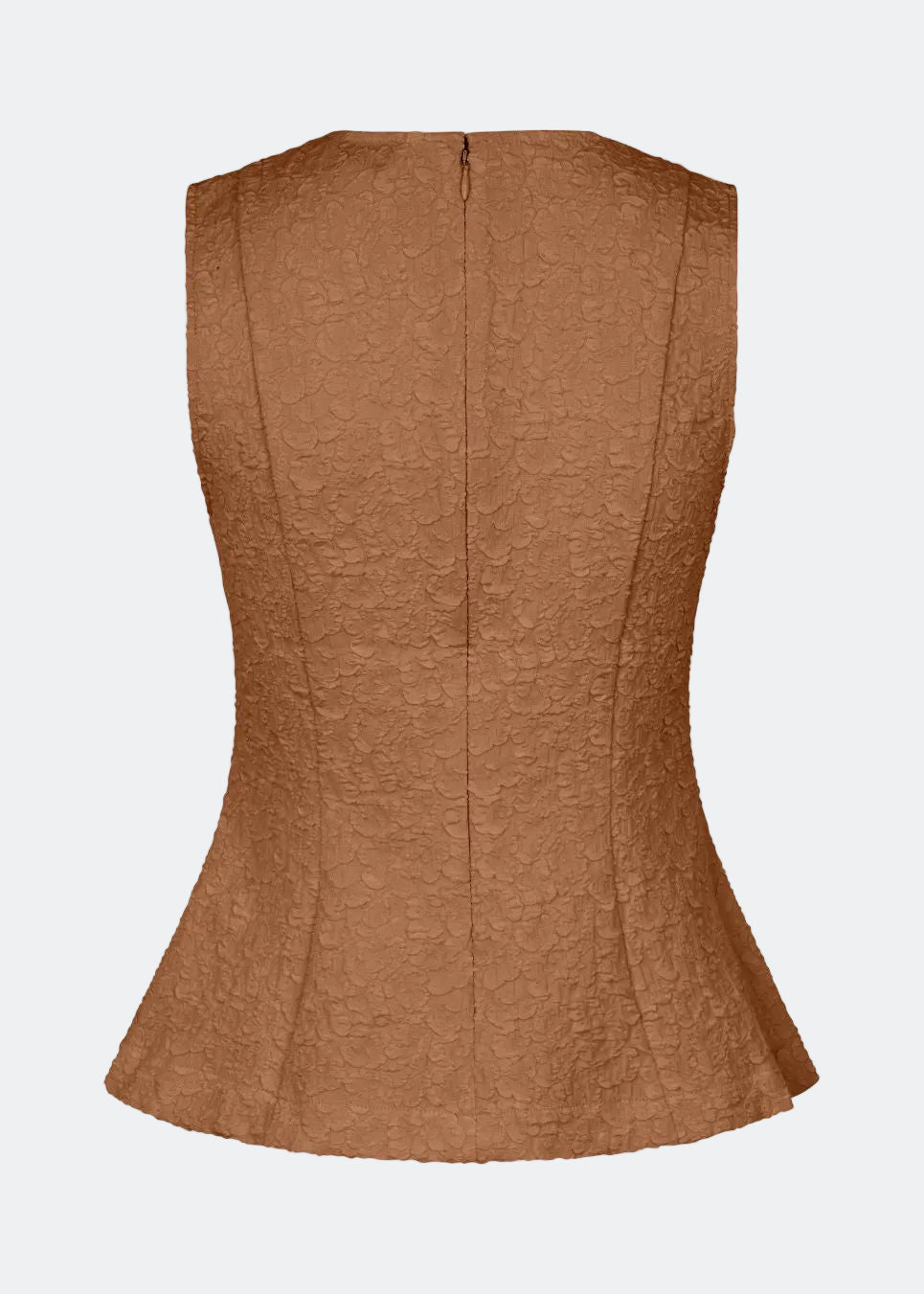 Tailored top without sleeves made from a structured material. HollisMD top has a high v-shaped neckline with a hidden zipper at the neck.
