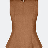 Tailored top without sleeves made from a structured material. HollisMD top has a high v-shaped neckline with a hidden zipper at the neck.