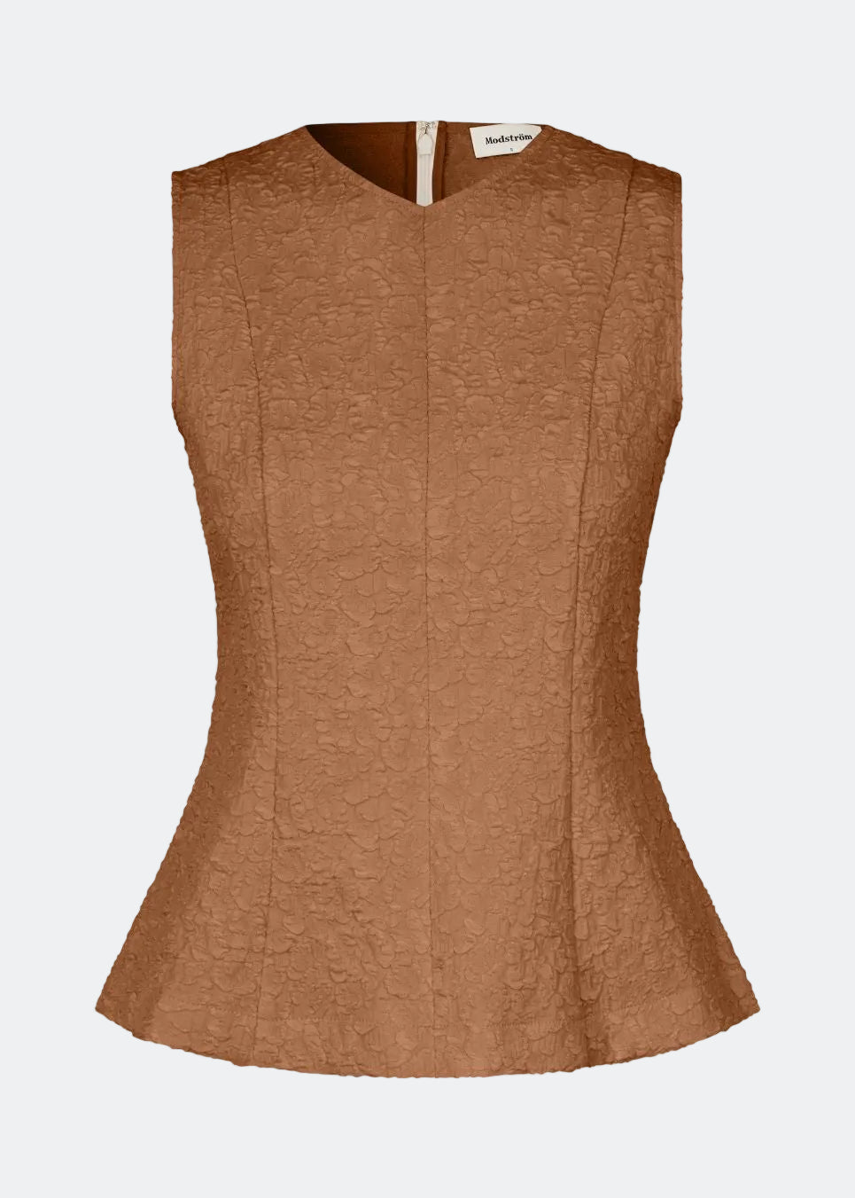 Tailored top without sleeves made from a structured material. HollisMD top has a high v-shaped neckline with a hidden zipper at the neck.