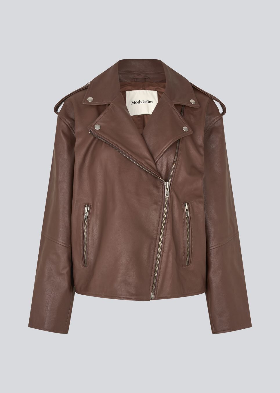 Jacket in soft lamb leather with bias zipper in front, lapels with push buttons and long sleeves with zipper. HullaMD jacket has bias front pockets with zip closure in front. Lined.&nbsp;