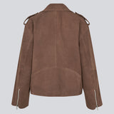 Our most wanted leather jacket Hullamd Jacket is finally here in suede. Exclusive biker jacket in 100% goatskin. The Hullamd suede jacket has classic details such as shoulder straps and silver zippers. A stylish statement piece that elevates any wardrobe season after season.
