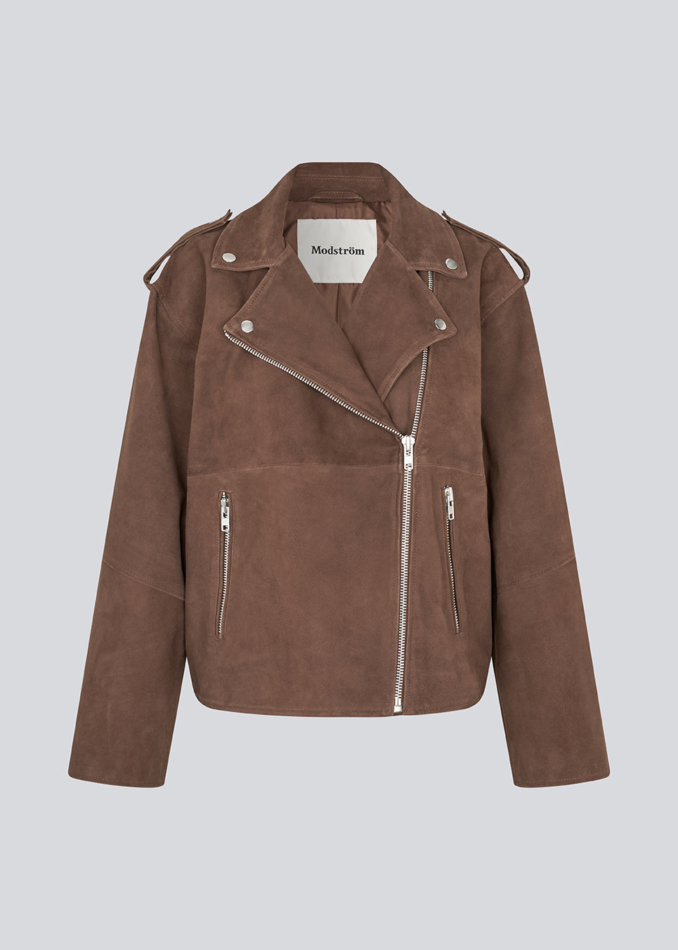 Our most wanted leather jacket Hullamd Jacket is finally here in suede. Exclusive biker jacket in 100% goatskin. The Hullamd suede jacket has classic details such as shoulder straps and silver zippers. A stylish statement piece that elevates any wardrobe season after season.