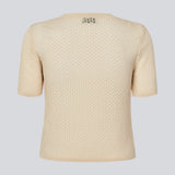 Knitted short-sleeved cardigan in beige in a loose fit. IggyMD cardigan is in slightly see-through and has a V-neckline and rib knit on the hem.