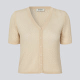 Knitted short-sleeved cardigan in beige in a loose fit. IggyMD cardigan is in slightly see-through and has a V-neckline and rib knit on the hem.