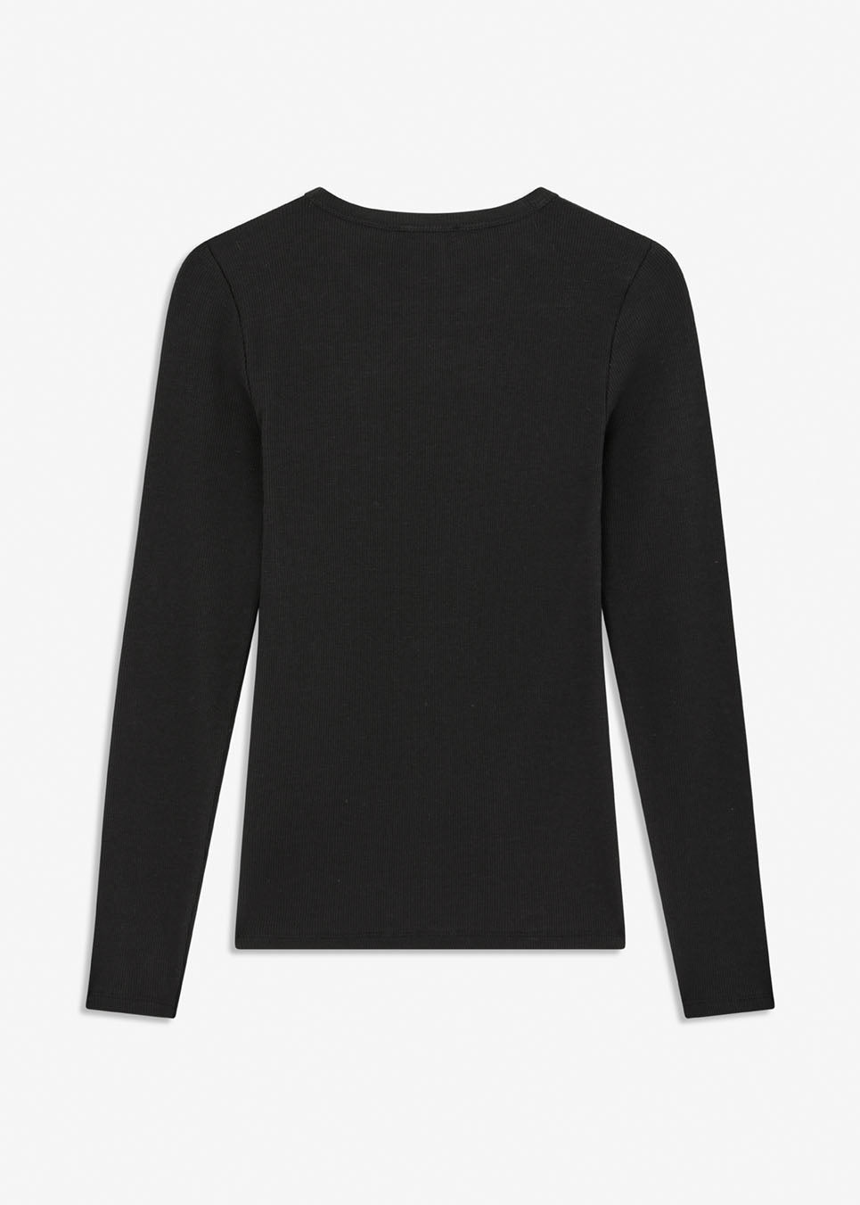 Soft, fitted black long-sleeved T-shirt, made from organic cotton rib with stretch and finished with a round neckline. Layer it beneath tailoring or wear it with wide-leg trousers.