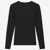 Soft, fitted black long-sleeved T-shirt, made from organic cotton rib with stretch and finished with a round neckline. Layer it beneath tailoring or wear it with wide-leg trousers.