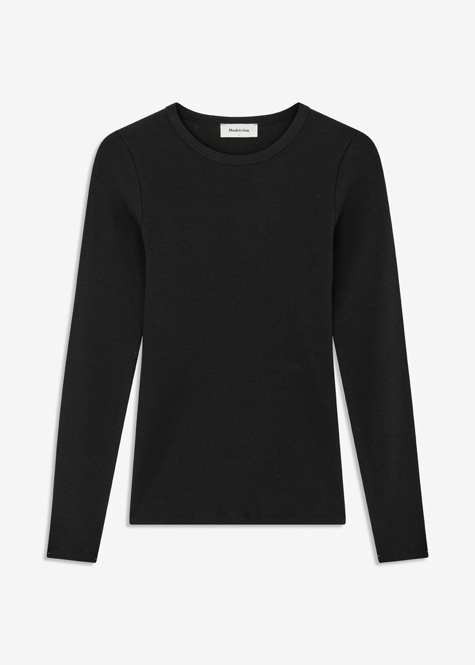 Soft, fitted black long-sleeved T-shirt, made from organic cotton rib with stretch and finished with a round neckline. Layer it beneath tailoring or wear it with wide-leg trousers.