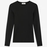 Soft, fitted black long-sleeved T-shirt, made from organic cotton rib with stretch and finished with a round neckline. Layer it beneath tailoring or wear it with wide-leg trousers.