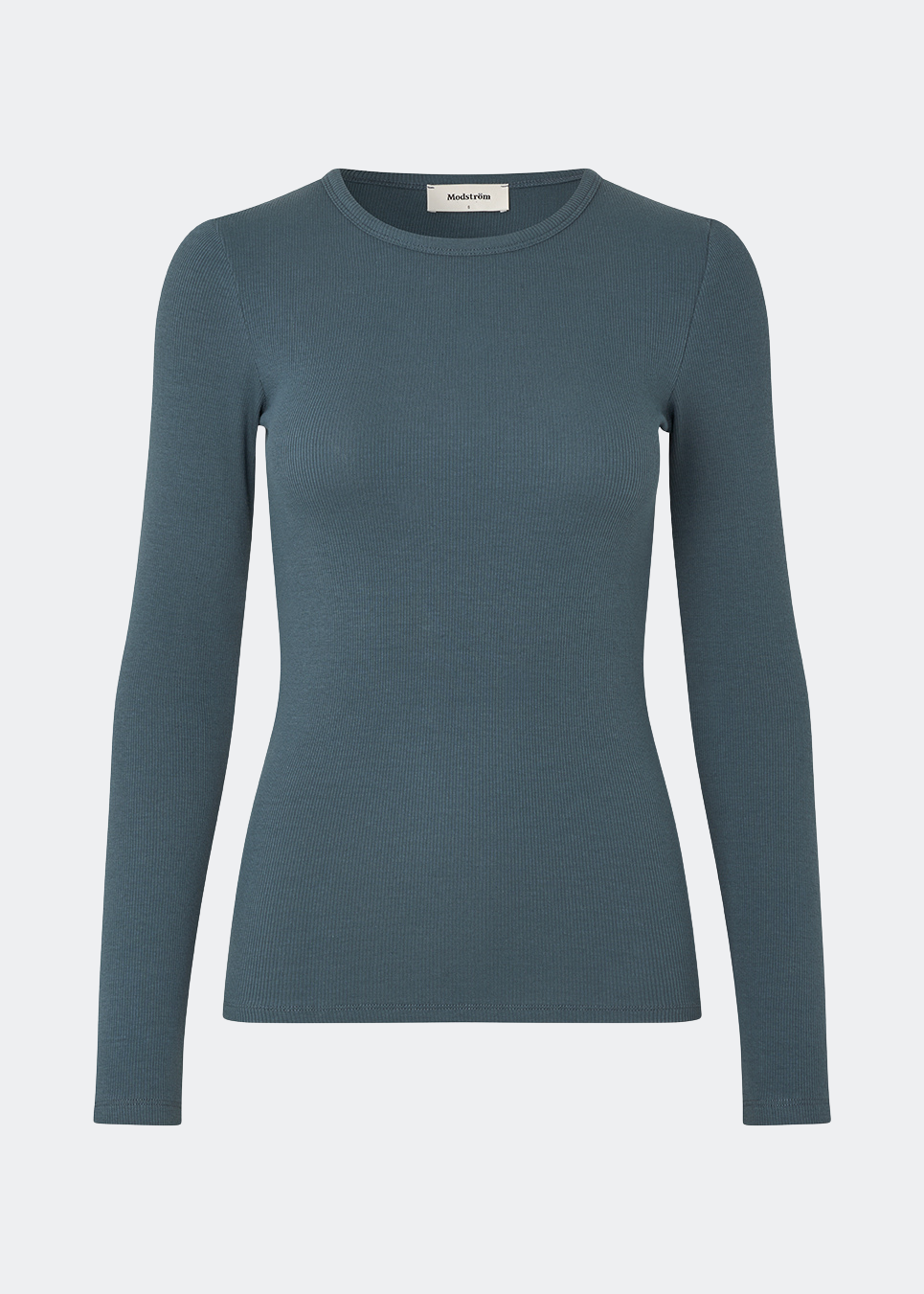Soft, fitted long-sleeved T-shirt, made from organic cotton rib with stretch and finished with a round neckline. Layer it beneath tailoring or wear it with wide-leg trousers.
 