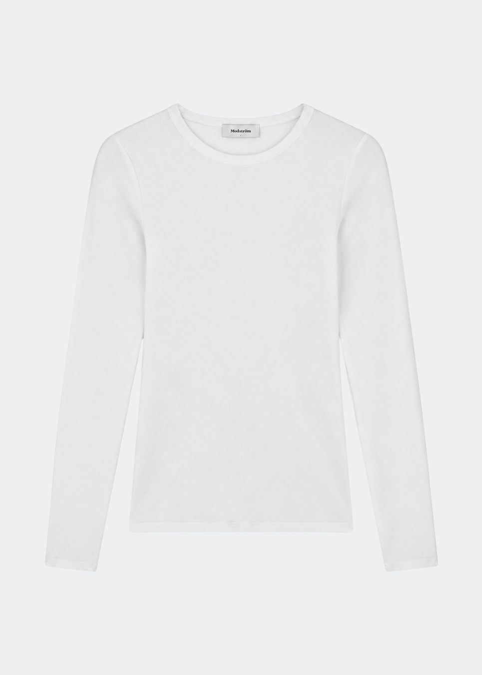 Soft, fitted white long-sleeved T-shirt, made from organic cotton rib with stretch and finished with a round neckline. Layer it beneath tailoring or wear it with wide-leg trousers