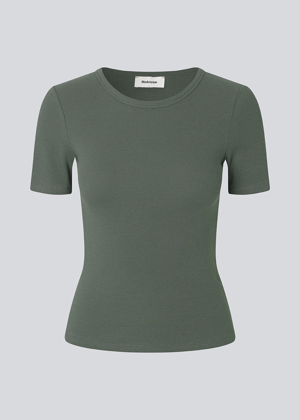 Basic t-shirt in dark green in a soft cotton rib with stretch. Igormd short t-shirt has a tight fit with short sleeves. The model is 175 cm and wears a size s/36.
