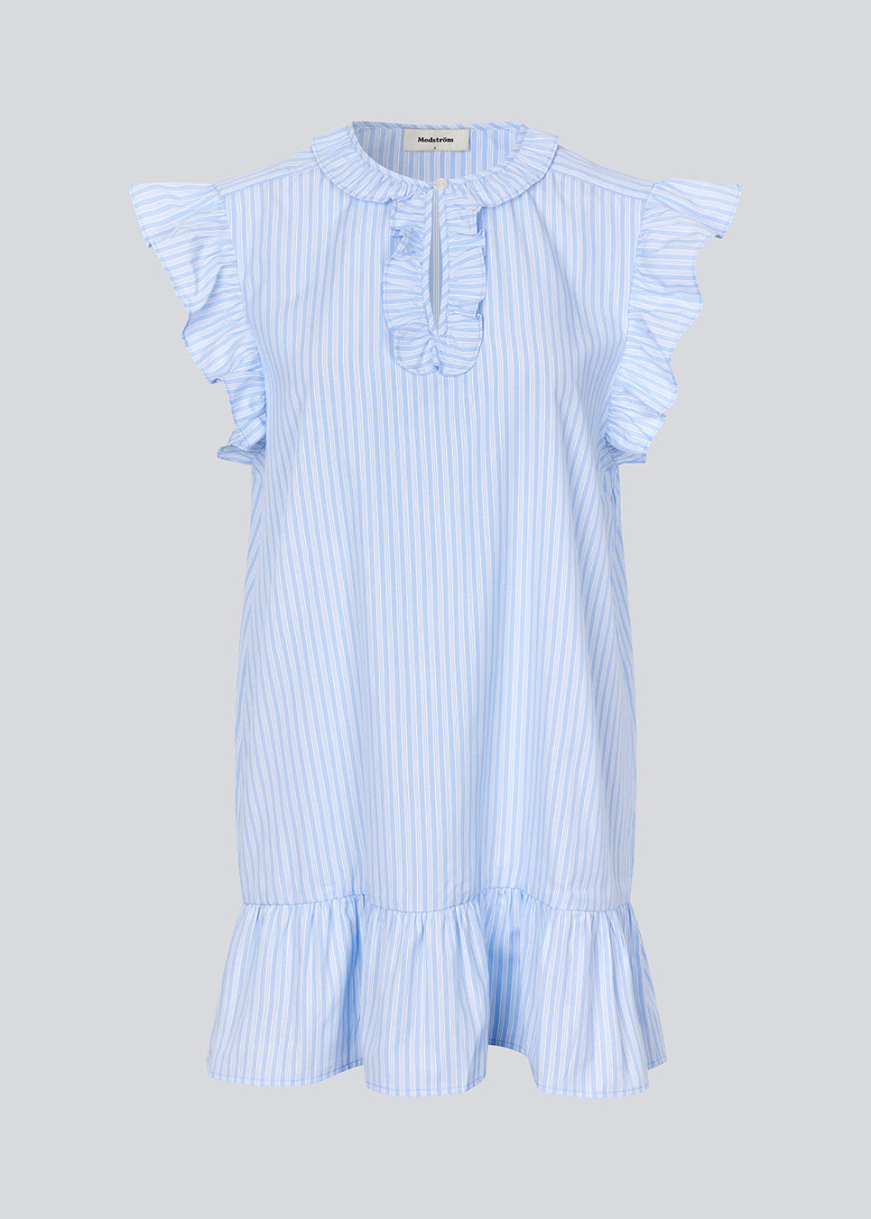 Short, sleeveless dress with ruffle details. The InaraMD dress has an opening in the front with a and button closure and decorative ruffles. The model is 177 cm and wears a size S/36
