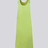 Long dress in green in satin with an A-line silhouette. IolaMD dress has a deep back neckline and wide straps.