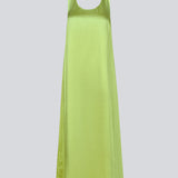 Long dress in green in satin with an A-line silhouette. IolaMD dress has a deep back neckline and wide straps.