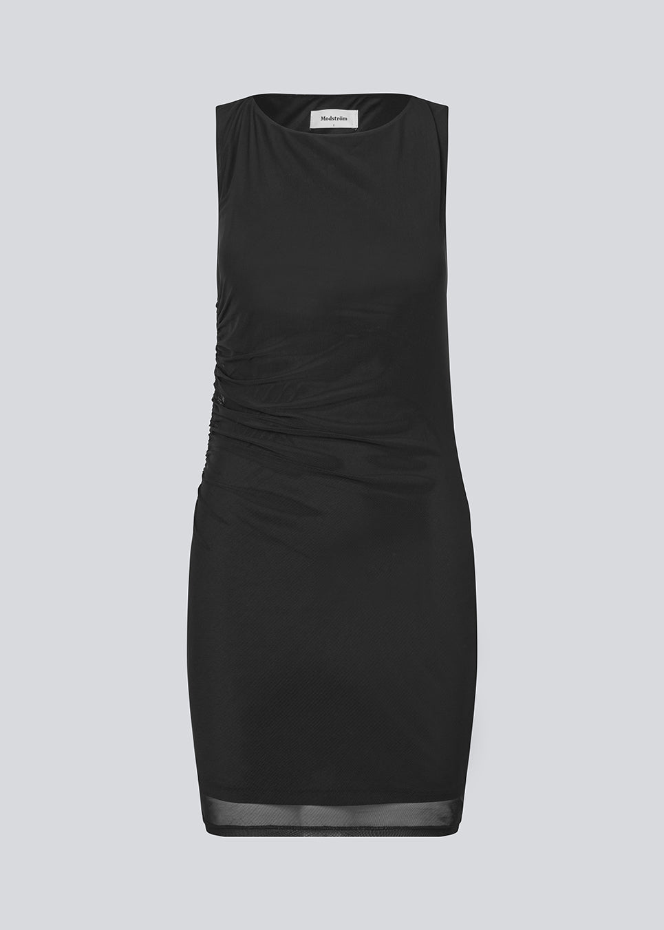 Short fitted dress in an elastic material. IrvinMD dress has a round neck and gatherings in the side seam. The model is 177 cm and wears a size S/36.