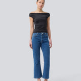 Flared jeans with of cotton denim. IsoldeMD solid cropped jeans have a high waist, zipper fly, and front and back pockets.