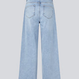 Jeans in denim blue with wide legs in a cotton denim. IsoldeMD pants have a high waist, front and back pockets and a tie band at the waist.