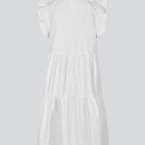Sleeveless white dress in casual fit. The IZakMD dress has a ruffle detail at the sleeve and neck and is closed with a hidden zipper in the back. The model is 177 cm and wears a size S/36.