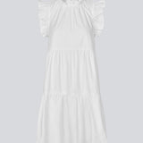 Sleeveless white dress in casual fit. The IZakMD dress has a ruffle detail at the sleeve and neck and is closed with a hidden zipper in the back. The model is 177 cm and wears a size S/36.