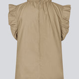 Loose top in light brown with a ruffle detail at the sleeves and neck. IzakMD top is sleeveless and has a hidden zipper in the back.&nbsp;