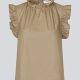 Loose top in light brown with a ruffle detail at the sleeves and neck. IzakMD top is sleeveless and has a hidden zipper in the back.&nbsp;