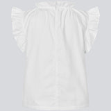 Loose white top with a ruffle detail at the sleeves and neck. IzakMD top is sleeveless and has a hidden zipper in the back. The model is 177 cm and wears a size S/36.