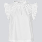 Loose white top with a ruffle detail at the sleeves and neck. IzakMD top is sleeveless and has a hidden zipper in the back. The model is 177 cm and wears a size S/36.