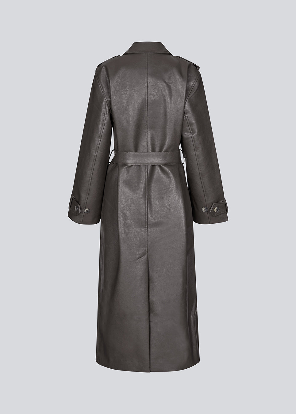 Double-breasted trench coat with tieband at the waist in a soft PU material. JoseeMD jacket has long wide sleeves, sidepockets and a slit in the back.